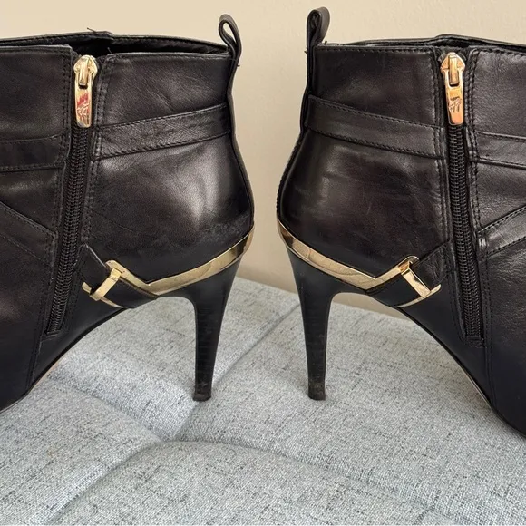 Marc Fisher Black Leather Gold Ankle Boots Stiletto Booties 8.5