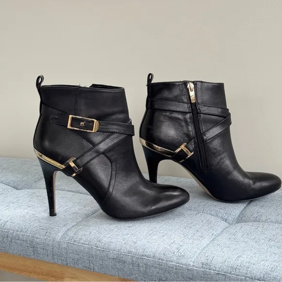 Marc Fisher Black Leather Gold Ankle Boots Stiletto Booties 8.5