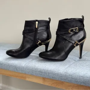 Marc Fisher Black Leather Gold Ankle Boots Stiletto Booties 8.5