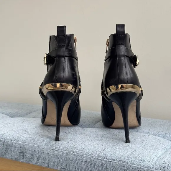 Marc Fisher Black Leather Gold Ankle Boots Stiletto Booties 8.5