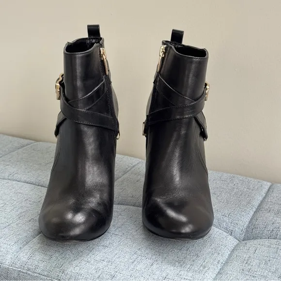 Marc Fisher Black Leather Gold Ankle Boots Stiletto Booties 8.5