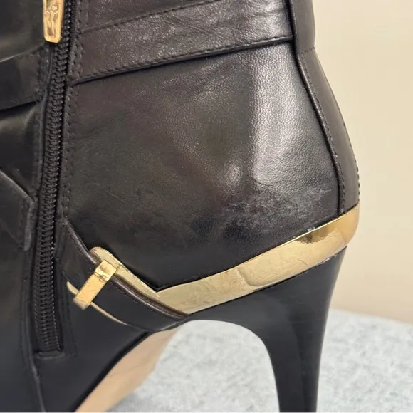 Marc Fisher Black Leather Gold Ankle Boots Stiletto Booties 8.5