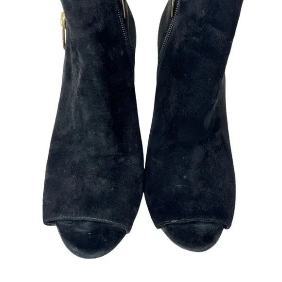 Marc Fisher Serenity Heeled Open Toe Black Suede Gold Zipper Boots Size 7.5