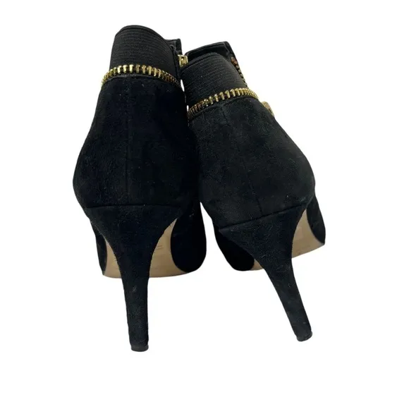 Marc Fisher Serenity Heeled Open Toe Black Suede Gold Zipper Boots Size 7.5