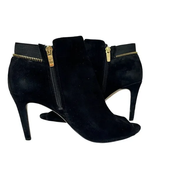 Marc Fisher Serenity Heeled Open Toe Black Suede Gold Zipper Boots Size 7.5