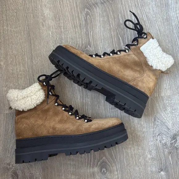 MARC FISHER Suede Sheepskin Lace Up Platform Lug Pierson Boots
