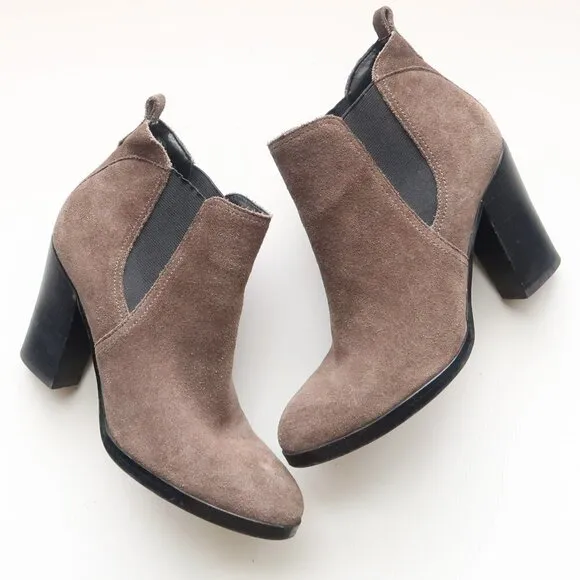 Marc Fisher Taupe Suede Leather Block Heel Ankle Boots / Booties