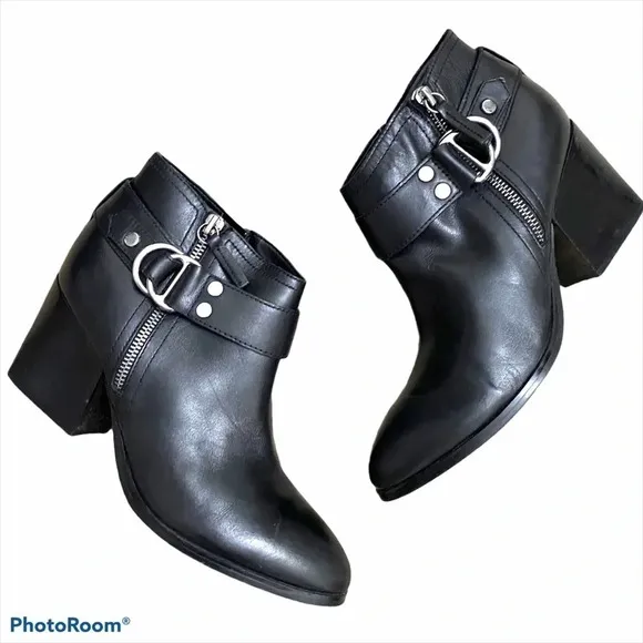 Marc Fisher Western Black Leather Boots Block Heel