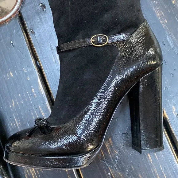 Marc Jacobs Jane Black Patent Leather &amp; Suede Heeled Boots with Ankle Buckle&amp;Bow
