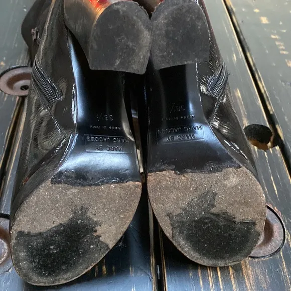 Marc Jacobs Jane Black Patent Leather &amp; Suede Heeled Boots with Ankle Buckle&amp;Bow
