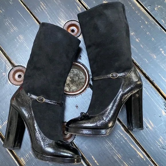 Marc Jacobs Jane Black Patent Leather &amp; Suede Heeled Boots with Ankle Buckle&amp;Bow