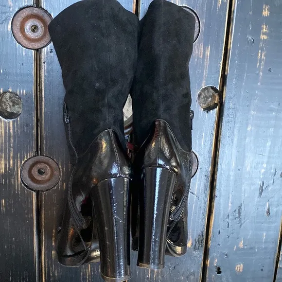Marc Jacobs Jane Black Patent Leather &amp; Suede Heeled Boots with Ankle Buckle&amp;Bow