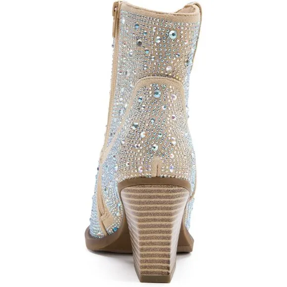 MaxMuxun Women's Rhinestone Champagne Faux Suede Sparkly Cowgirl Heel Booties