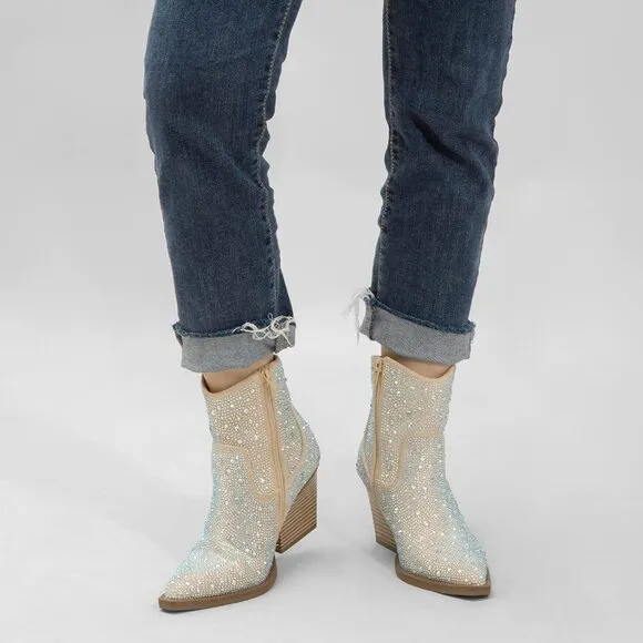 MaxMuxun Women's Rhinestone Champagne Faux Suede Sparkly Cowgirl Heel Booties