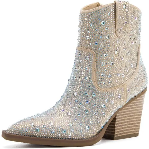 MaxMuxun Women's Rhinestone Champagne Faux Suede Sparkly Cowgirl Heel Booties