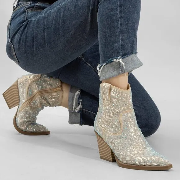 MaxMuxun Women's Rhinestone Champagne Faux Suede Sparkly Cowgirl Heel Booties