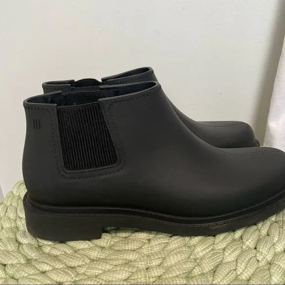 Melissa Skin Chelsea Boot Matte Black Recycled PVC Ankle Booties NWOT