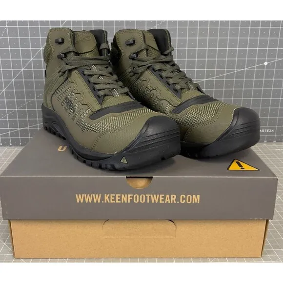 Men's KEEN Reno Mid KBF Carbon Fiber Toe WP Work Boots Sz. 10.5 Dark Olive/Black