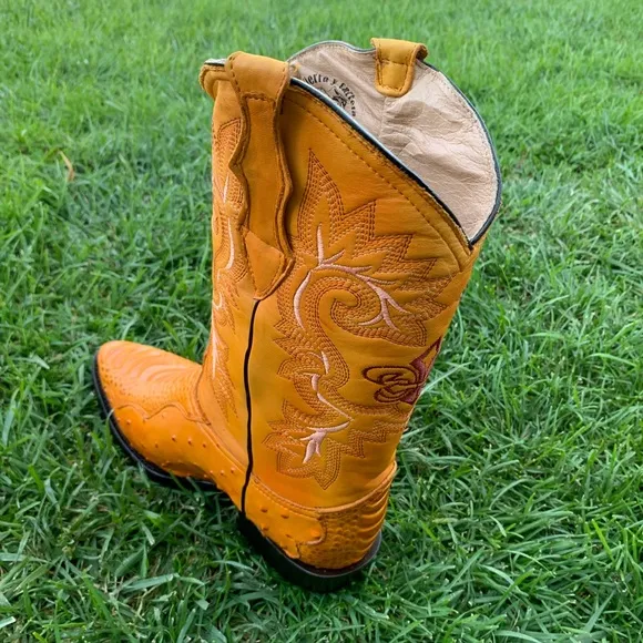 Mens Ostrich Leg Print Leather Boots Mango Color