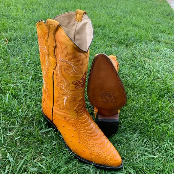 Mens Ostrich Leg Print Leather Boots Mango Color
