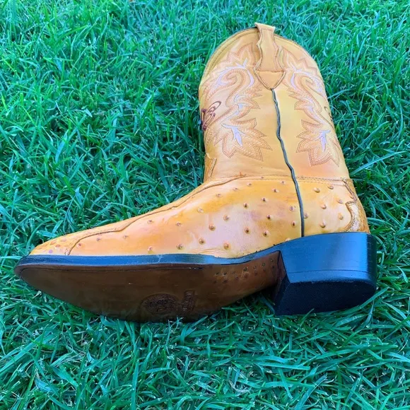 Mens Ostrich Leg Print Leather Boots Mango Color