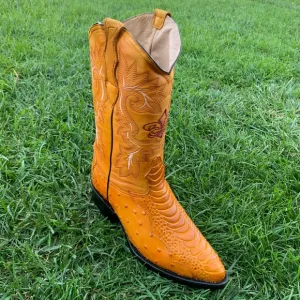 Mens Ostrich Leg Print Leather Boots Mango Color