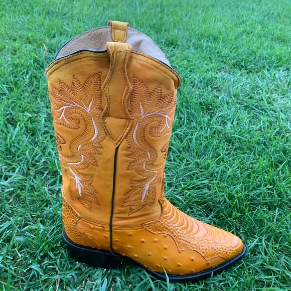 Mens Ostrich Leg Print Leather Boots Mango Color