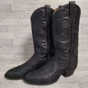 Men's Tony Lama Western Black Sea Bass Leather Rodeo Cowboy Boots Size 8.5 EE