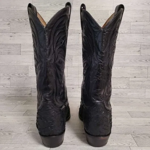 Men's Tony Lama Western Black Sea Bass Leather Rodeo Cowboy Boots Size 8.5 EE