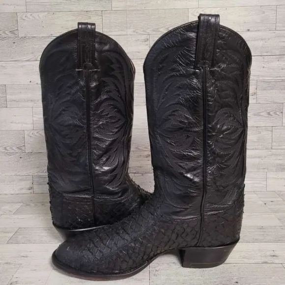 Men's Tony Lama Western Black Sea Bass Leather Rodeo Cowboy Boots Size 8.5 EE