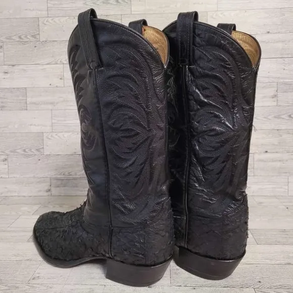 Men's Tony Lama Western Black Sea Bass Leather Rodeo Cowboy Boots Size 8.5 EE