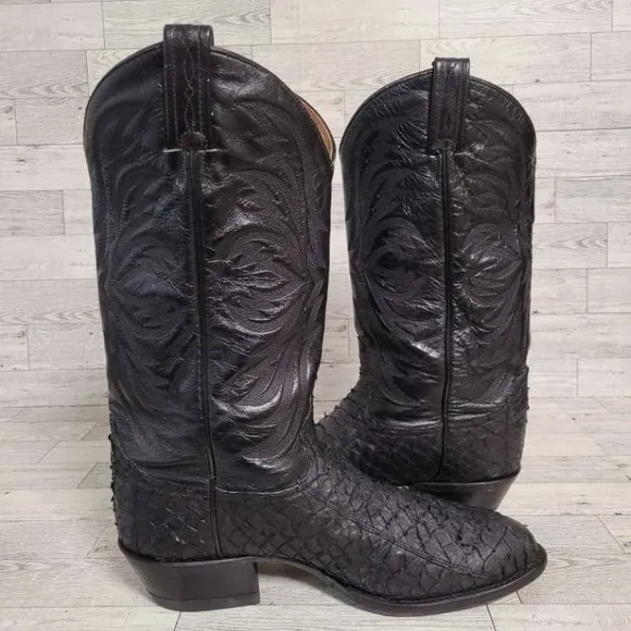 Men's Tony Lama Western Black Sea Bass Leather Rodeo Cowboy Boots Size 8.5 EE