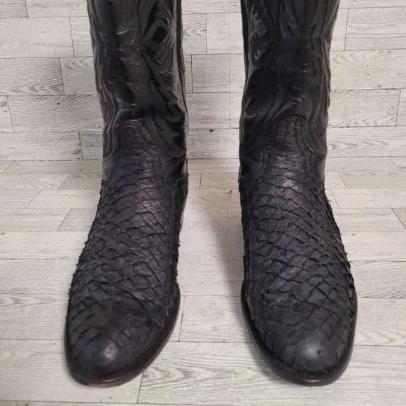 Men's Tony Lama Western Black Sea Bass Leather Rodeo Cowboy Boots Size 8.5 EE