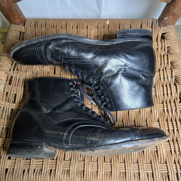 Mens Vintage Stacey Adams Black Lace-Up Leather Boots 8