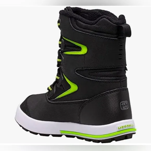 Merrell Snow Bank 3.0 Winter &amp; Waterproof SnowBoots Black &amp; Green Kids' 2. NWOT