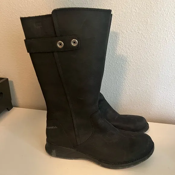 Merrell Travvy Tall Waterproof Boot Black Leather Boots Size 9.5