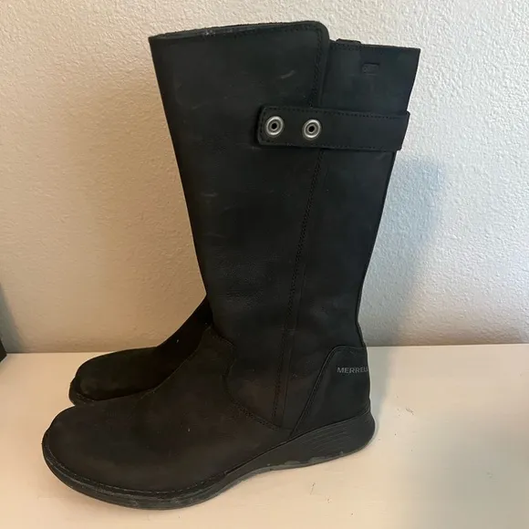 Merrell Travvy Tall Waterproof Boot Black Leather Boots Size 9.5