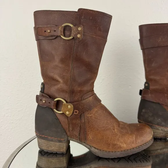MERRELL Womens Oak Brown Leather Shiloh Peak Harness Mid Calf Riding Boots