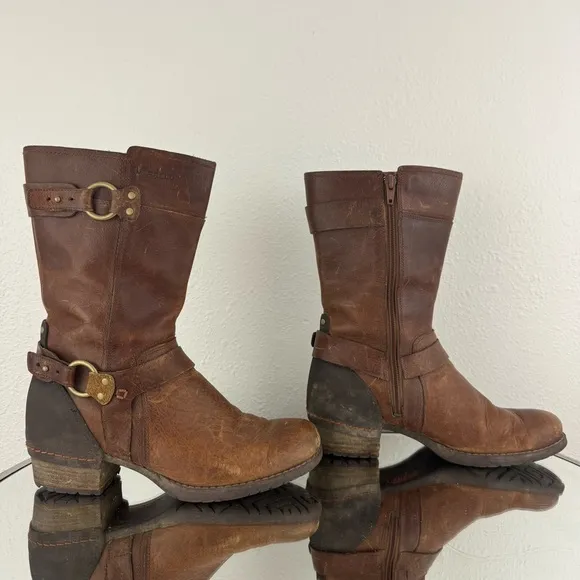 MERRELL Womens Oak Brown Leather Shiloh Peak Harness Mid Calf Riding Boots