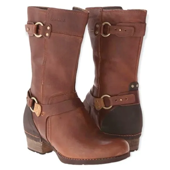 MERRELL Womens Oak Brown Leather Shiloh Peak Harness Mid Calf Riding Boots
