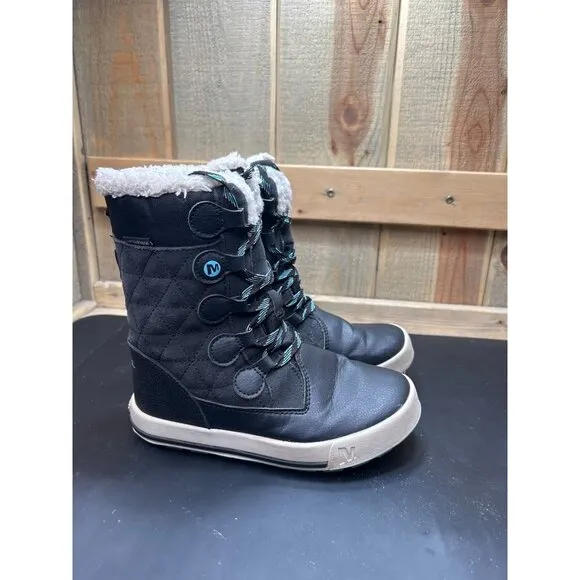 Merrell Youth Waterproof Winter Boots Size 13 Black Quilted Snow Fleece Lining