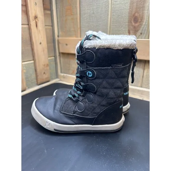 Merrell Youth Waterproof Winter Boots Size 13 Black Quilted Snow Fleece Lining