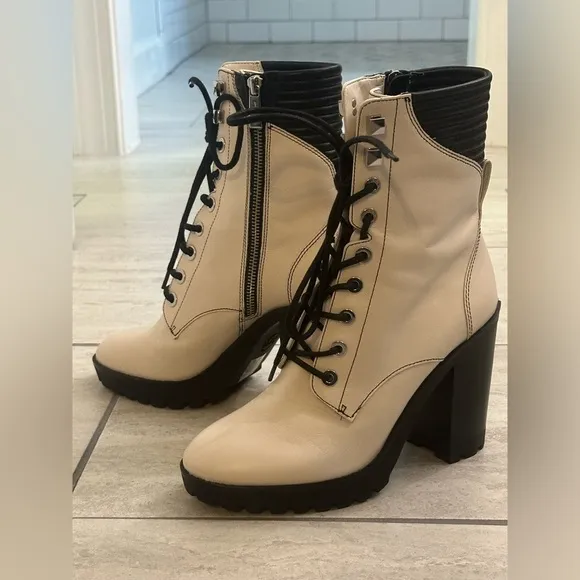 Michael Kors Bastian Chunky Heel Leather Combat Boots, Size 8.5, Off-White