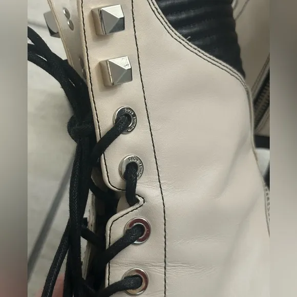 Michael Kors Bastian Chunky Heel Leather Combat Boots, Size 8.5, Off-White