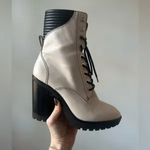 Michael Kors Bastian Chunky Heel Leather Combat Boots, Size 8.5, Off-White