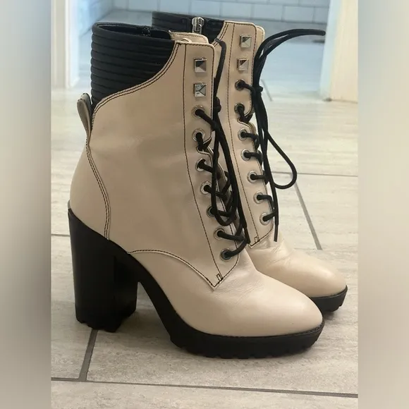Michael Kors Bastian Chunky Heel Leather Combat Boots, Size 8.5, Off-White