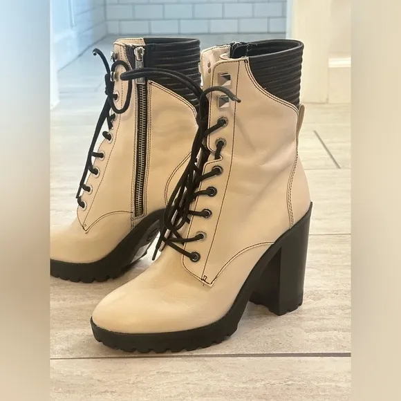 Michael Kors Bastian Chunky Heel Leather Combat Boots, Size 8.5, Off-White