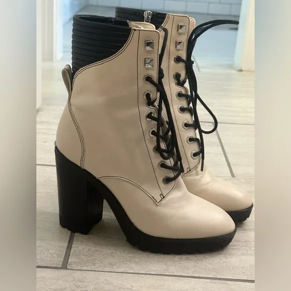 Michael Kors Bastian Chunky Heel Leather Combat Boots, Size 8.5, Off-White