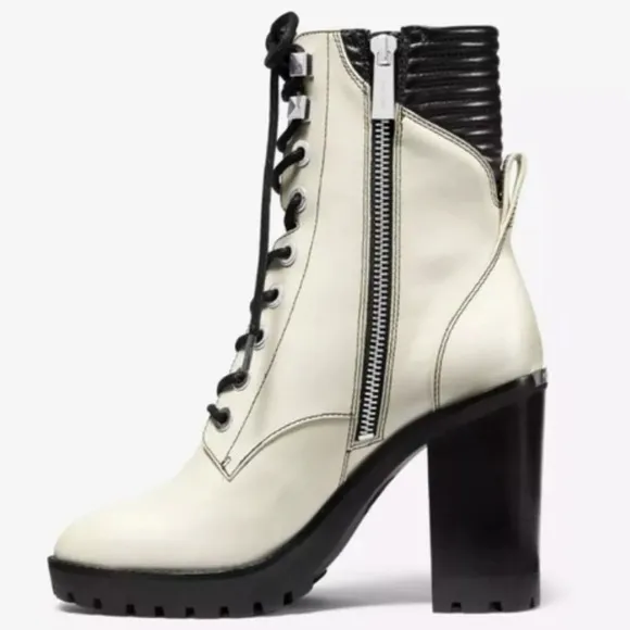 Michael Kors Bastian Chunky Heel Leather Combat Boots, Size 8.5, Off-White