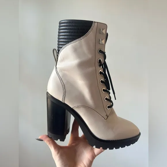 Michael Kors Bastian Chunky Heel Leather Combat Boots, Size 8.5, Off-White
